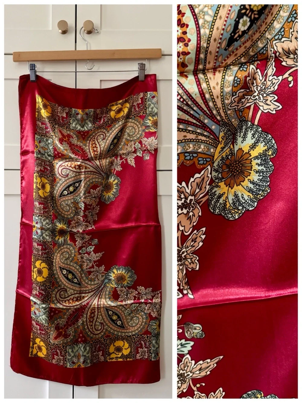 Boho Paisley Print Silky Satin Square Neck Scarf, Red Maroon Burgundy & Gold